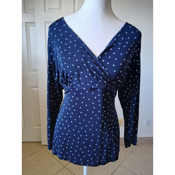 Citiknits Womens Blouse  Stretch Navy Blue Polka Dot 3/4 Sleeve Small Y2K 90's - Picture 1 of 14